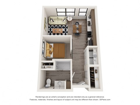 Floor plan for studio, 1 bath, 555 sqft